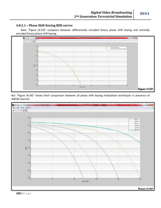 Digital Video Broadcasting 
2nd Generation Terrestrial Simulation 
2011 
100 | P a g e 
Figure (4.53) 
Figure (4.54) 
4.8.2.1 – Phase Shift Keying BER curves 
Next “Figure (4.53)” compares between differentially encoded binary phase shift keying and normally 
encoded binary phase shift keying. 
But “Figure (4.54)” shows brief comparison between all phase shift keying modulation techniques in presence of 
AWGN channel. 
 