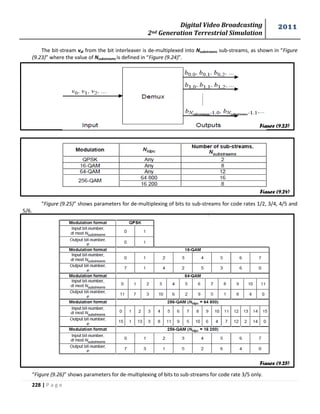Digital Video Broadcasting 
2nd Generation Terrestrial Simulation 
2011 
228 | P a g e 
The bit-stream vdi from the bit interleaver is de-multiplexed into Nsubstreams sub-streams, as shown in “Figure 
(9.23)” where the value of Nsubstreams is defined in “Figure (9.24)”. 
“Figure (9.25)” shows parameters for de-multiplexing of bits to sub-streams for code rates 1/2, 3/4, 4/5 and 
5/6. 
“Figure (9.26)” shows parameters for de-multiplexing of bits to sub-streams for code rate 3/5 only. 
Figure (9.23) 
Figure (9.24) 
Figure (9.25) 
 