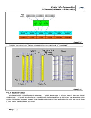 Digital Video Broadcasting 
2nd Generation Terrestrial Simulation 
2011 
238 | P a g e 
Graphical representation of the time interleaving block is shown below in “Figure (9.48)”. 
9.5.3 –Frame Builder 
The frame builder functions to always apply for a T2 system with a single RF channel. Some of the frame builder 
functions for a TFS system with multiple RF channels differ from those defined in this clause. The TFS specific frame 
builder functions are defined in annex E. Other frame builder functions for a TFS system than those specified in annex 
E apply as they are described in this clause. 
Figure (9.47) 
Figure (9.48) 
 