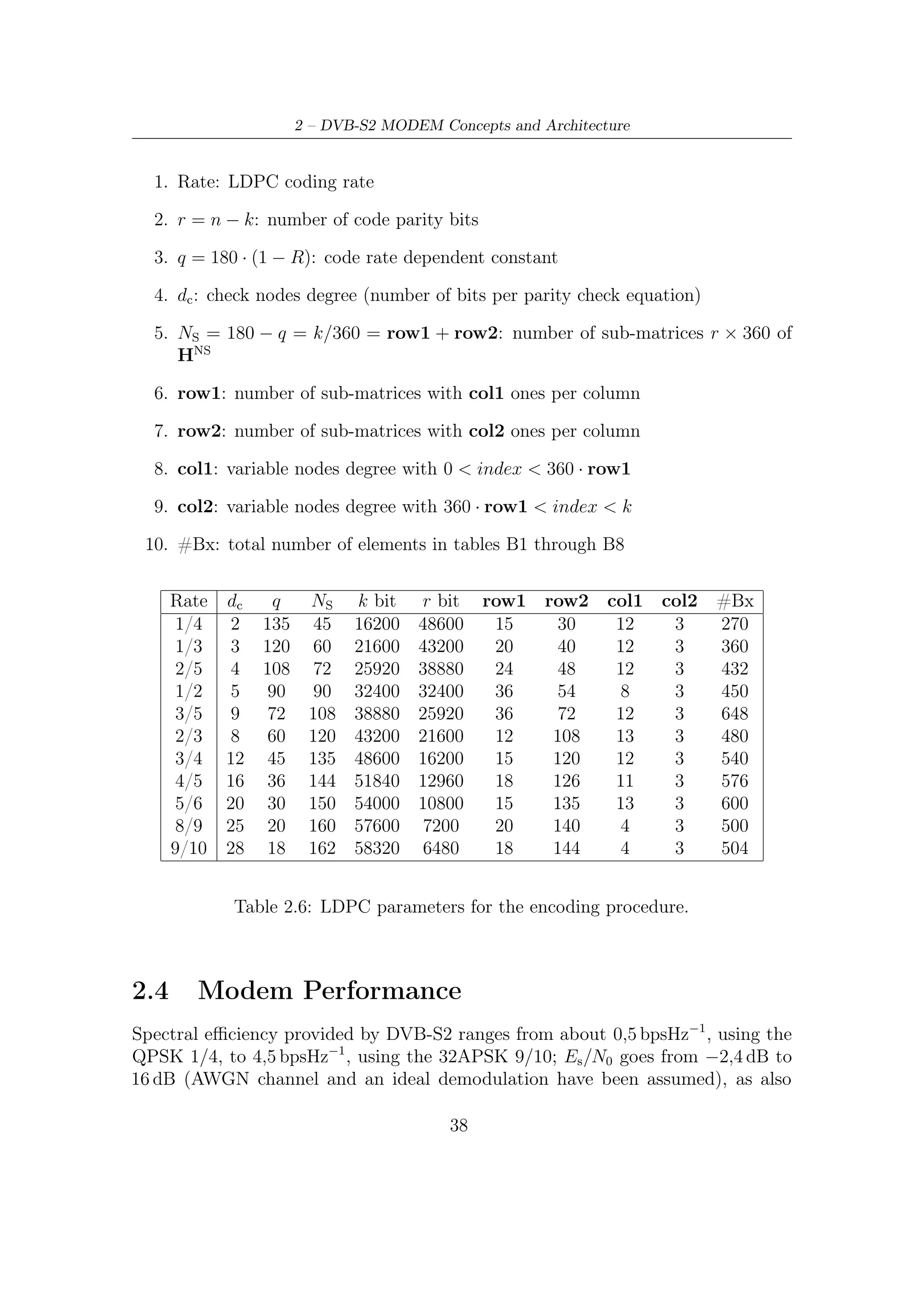 2.4 – Modem Performance


illustrated in Figure 2.15. This performance has been computed by computer
simulations [1, 7] at a Packet Error Rate (PER) equal to 10−7 , corresponding about
to one erroneous Transport Stream Packet per transmission hour in a 5 Mbit/s video
service On an AWGN channel7 , DVB-S2 gives an increase of transmission capacity
(about 20-35%) compared to DVB-S and DVB-DNSG under the same transmission
conditions.
    The DVB-S2 system may be used in ‘single carrier per transponder’ or in ‘multiple-
carriers per transponders’ (FDM). On a transponder with the single carrier con-
ﬁguration, the transmission rate Rs can be adapted to available bandwidth (at
−3 dB) in order to obtain the maximum transmission capacity compatible with the
acceptable signal degradation due to transponder bandwidth limitations. In the
multiple-carrier conﬁguration (Frequency Division Multiplexing), the symbol rate
Rs must be adapted to the BS (Broadcasting Services) frequencies interval so as
to optimize transmissive capacity while keeping the mutual interferences between
adjacent carriers at acceptable level.
    Figure 2.14 shows the performance achieved by the modem architecture with
respect to the unconstrained (from modulation levels and block length of codes)
                            E
Shannon limit. The ideal Nb ratios in Table 2.7 for each operating mode has been
                              0
                         Es
derived from the ideal N0 ratios by using the following dB-relation

                                 Eb   Es
                                    =    − 10 log10 (ηCM )                              (2.20)
                                 N0   N0
where ηCM is the ideal joint eﬃciency of modulation and coding adopted to transmit
symbols.
   Figure 2.15 shows, over the plane C/N – spectral eﬃciency, the overall perfor-
mance compared to either the constrained Shannon bounds or the DVB-S performance.
The gain of DVB-S2 with respect to DVB-S in terms of C/N , for a given spectral
eﬃciency, remains virtually constant, around 2 − 2,5 dB [7, 6].




   7
    We remind that the performance over AWGN channels represents in communications an
upper bound to the performance over more realistic channels. For this reason, comparison of the
performance between two systems can be accomplished without any loss of generality over an
AWGN environment. Comparisons under gaussian hypotheses are expected to be virtually the
same over any non-gaussian environment/channel.


                                             39
 