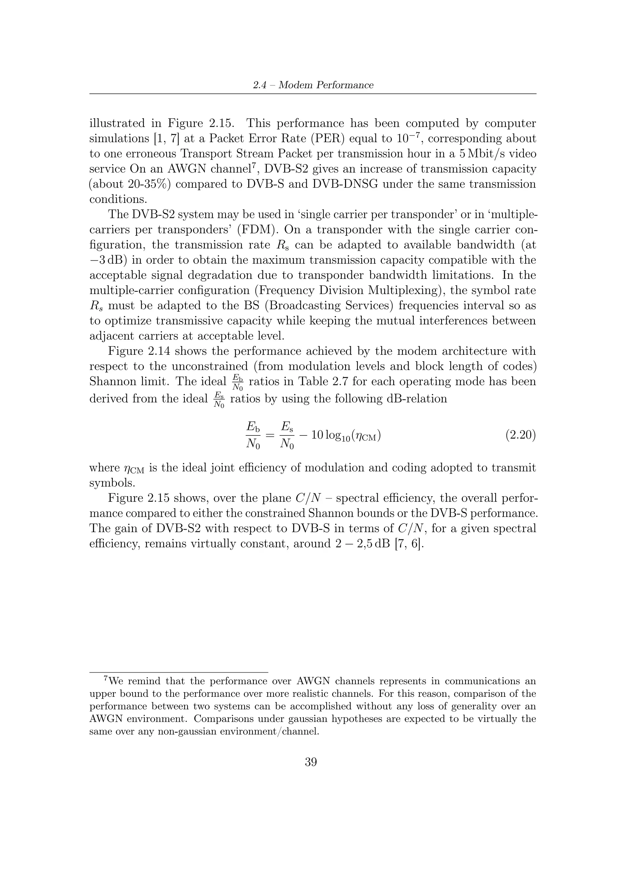 2 – DVB-S2 MODEM Concepts and Architecture




Figure 2.14: Performance of DVB-S2 for each modulation format and coding rate at
PER = 10−7 with respect to absolute Shannon limit




              Figure 2.15: Performance Shannon limits constrained

                                      40
 