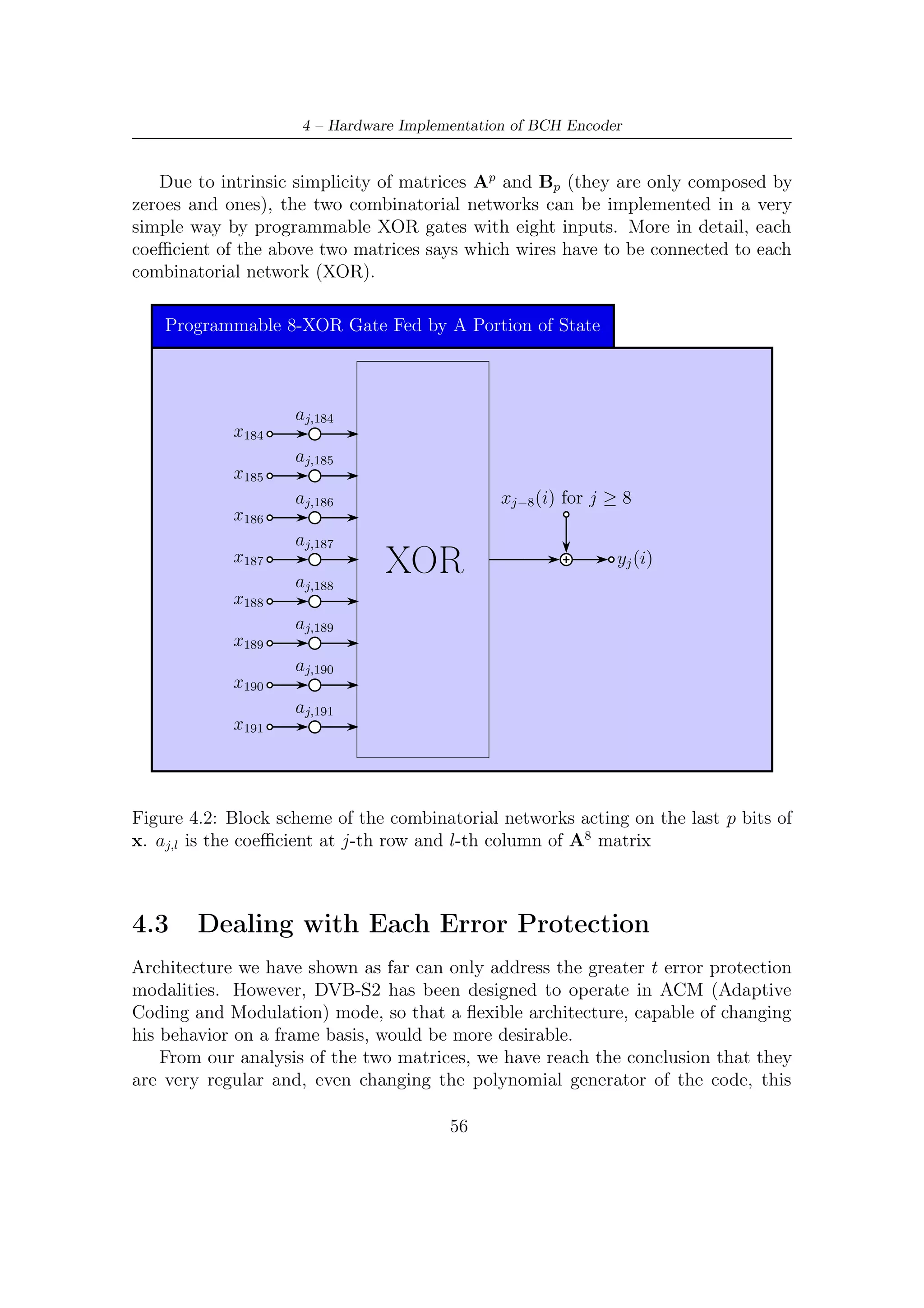 4.3 – Dealing with Each Error Protection



    Programmable 8-XOR Gate Fed by Inputs



                    bj,0
     u(ip − 1)
                    bj,1
     u(ip − 2)
                    bj,2                                   yj (i)
     u(ip − 3)
                    bj,3
     u(ip − 4)
                    bj,4
                                 XOR                                  xj (i + 1)

     u(ip − 5)
                    bj,5
     u(ip − 6)
                    bj,6
     u(ip − 7)
                    bj,7
    u[p(i − 1)]



Figure 4.3: Block scheme representing the combinatorial networks acting on the p
bit of input. bj,l is the coeﬃcient at j-th row and l-th column of the B8 matrix


interesting property still holds. The degree of parallelism p, once set by design,
cannot vary. Henceforth all our considerations will be constrained to a speciﬁc degree
of parallelism, p = 8, even though the method we are going to show is general at all.
    BCH of DVB-S2 provides three protection level t = 8, 10, 12 associated to the
following diﬀerent generators

                              gt12 (x) = g1 (x)g2 (x) . . . g12 (x)                (4.2)
                              gt10 (x) = g1 (x)g2 (x) . . . g10 (x)                (4.3)
                               gt8 (x) = g1 (x)g2 (x) . . . g8 (x)                 (4.4)

where the above polynomials are in Table 2.4. According to the decrease of the
degree of polynomial generator, also the number r of redundancy bits decreases and
thus the number of FFs illustrated in Figure 4.4 would be oversized. This implies
that, x being changed, size of matrices A8 and B8 has to change. In Section 3.3.3
we have shown that, for a reasonable level of parallelism, matrix Ap shows some

                                              57
 