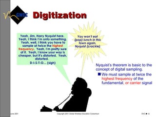 Digitization Nyquist’s theorem is basic to the concept of digital sampling. We must sample at twice the  highest frequency  of the fundamental , or carrier  signal Yeah, Jim, Harry Nyquist here.  Yeah, I think I’m onto something.  Yeah, well, I think you have to sample at twice the  highest frequency .  Yeah, I’m pretty sure of it.  Yeah, I know your way is cheaper, but it’s distorted.  Yeah, distorted.  D-I-S-T-O… (sigh) You won’t eat (pop) lunch in this town again, Nyquist (crackle) 