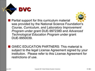 DVC Partial support for this curriculum material  was provided by the National Science Foundation's  Course, Curriculum, and Laboratory Improvement Program  under grant DUE-9972380 and  Advanced Technological Education Program  under grant DUE‑9950039.  GWEC EDUCATION PARTNERS: This material is subject to the legal License Agreement signed by your institution.  Please refer to this License Agreement for restrictions of use. 