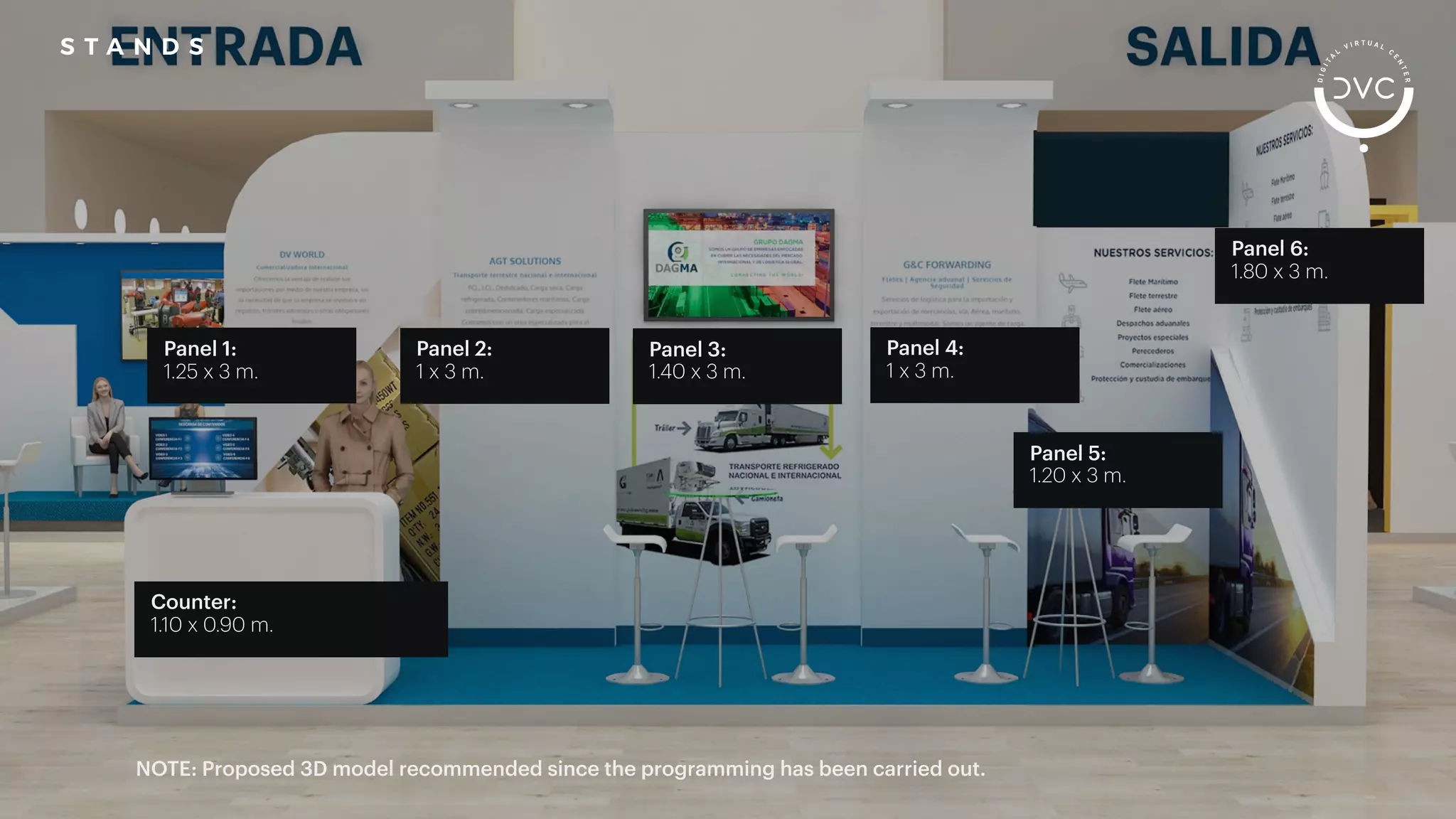 NOTE: Proposed 3D model recommended since the programming has been carried out.
S T A N D S
Counter:
1.10 x 0.90 m.
Panel 1:
1.25 x 3 m.
Panel 2:
1 x 3 m.
Panel 3:
1.40 x 3 m.
Panel 4:
1 x 3 m.
Panel 5:
1.20 x 3 m.
Panel 6:
1.80 x 3 m.
 