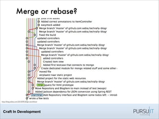 Craft In Development
Merge or rebase?
http://blog.xebia.com/2010/09/20/git-workﬂow/
 