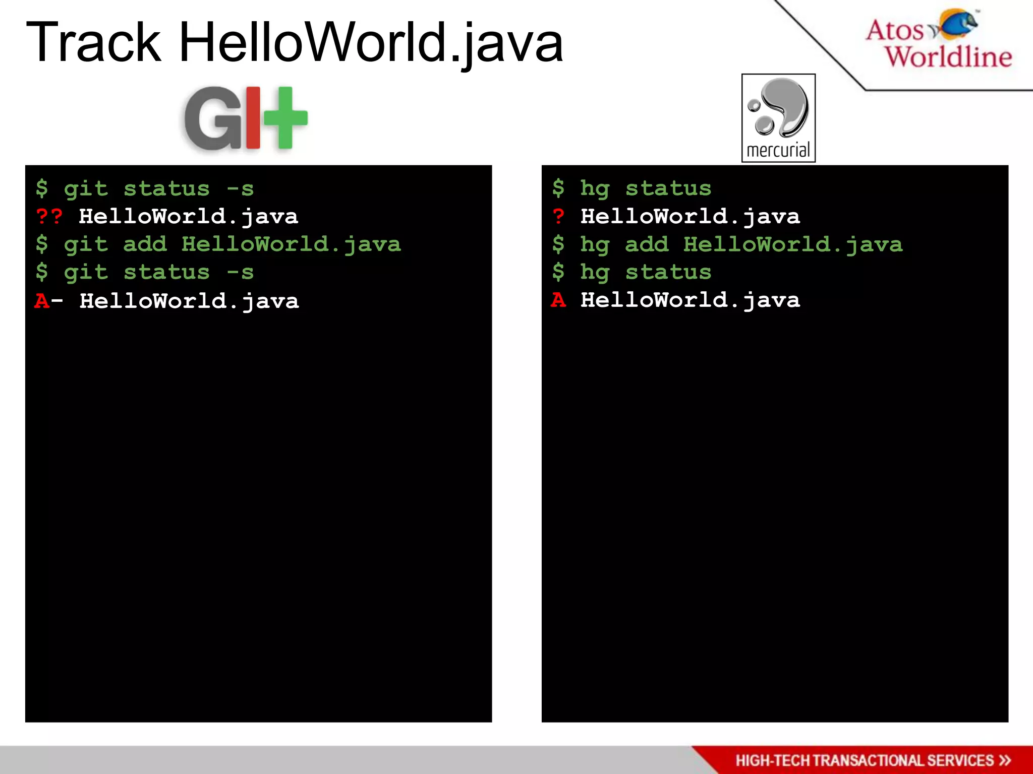 Track HelloWorld.java

$ git status -s             $   hg status
?? HelloWorld.java          ?   HelloWorld.java
$ git add HelloWorld.java   $   hg add HelloWorld.java
$ git status -s             $   hg status
A- HelloWorld.java          A   HelloWorld.java
 
