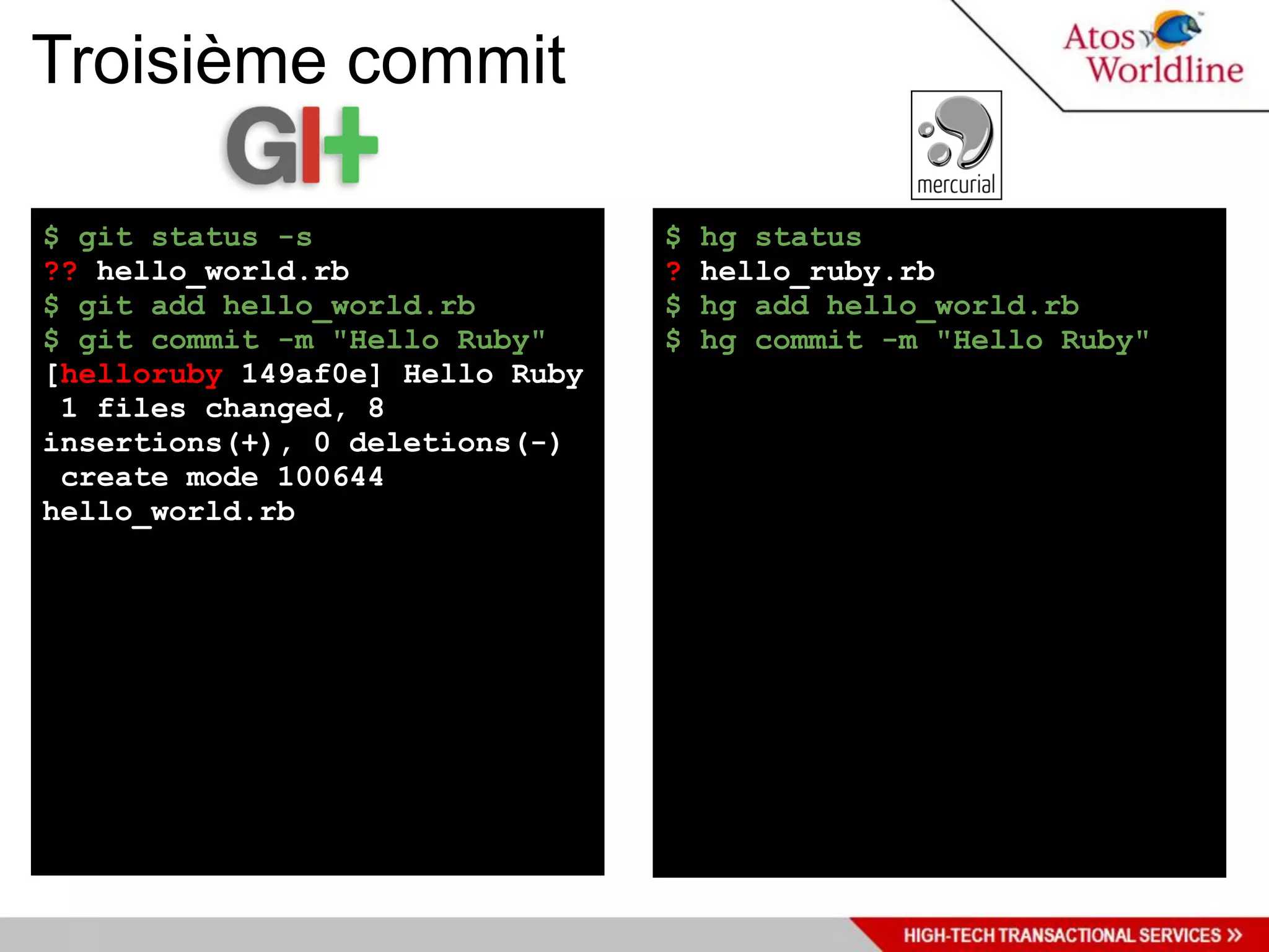 Troisième commit

$ git status -s                  $   hg status
?? hello_world.rb                ?   hello_ruby.rb
$ git add hello_world.rb         $   hg add hello_world.rb
$ git commit -m "Hello Ruby"     $   hg commit -m "Hello Ruby"
[helloruby 149af0e] Hello Ruby
 1 files changed, 8
insertions(+), 0 deletions(-)
 create mode 100644
hello_world.rb
 