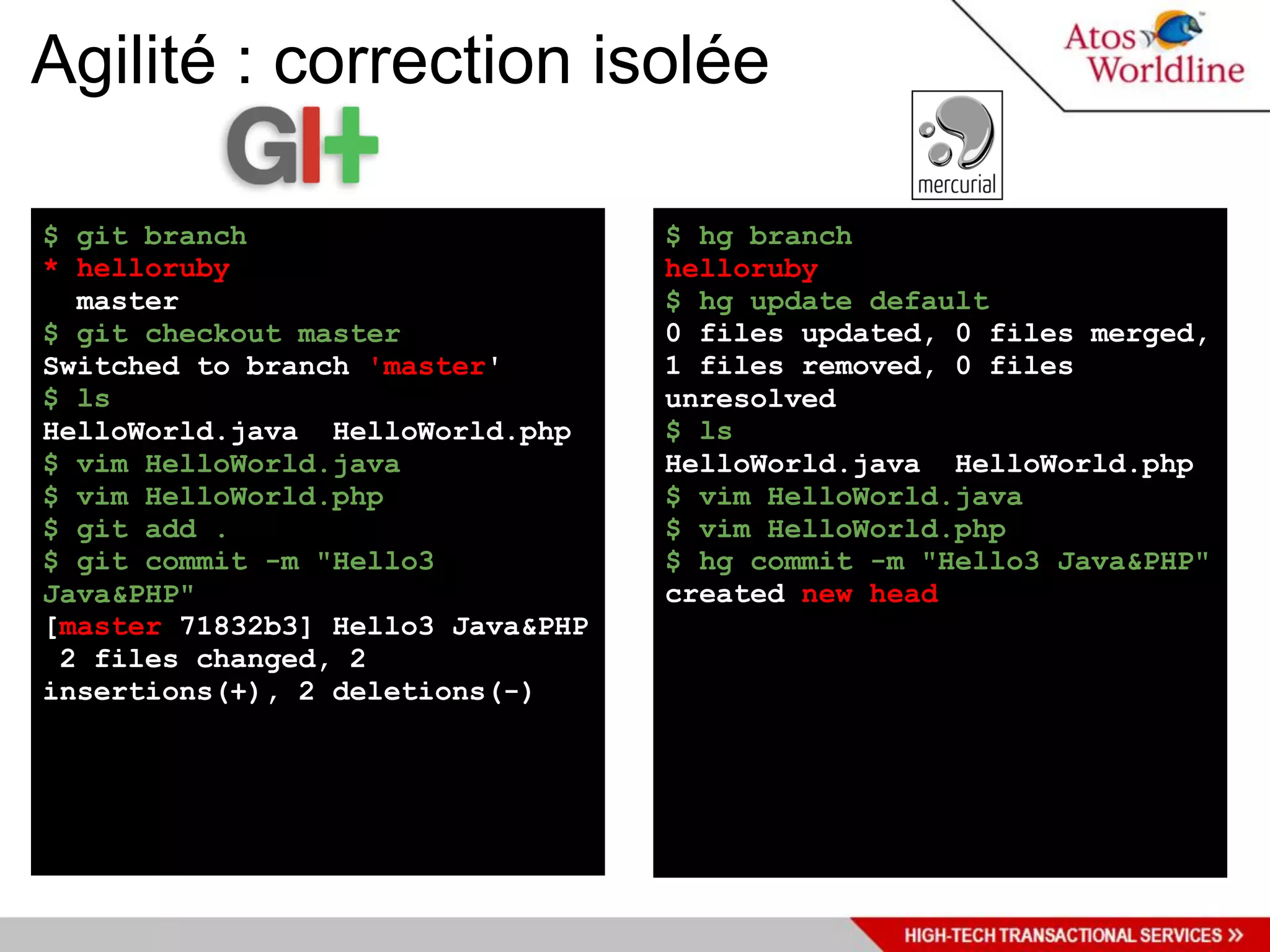 Agilité : correction isolée

$ git branch                       $ hg branch
* helloruby                        helloruby
  master                           $ hg update default
$ git checkout master              0 files updated, 0 files merged,
Switched to branch 'master'        1 files removed, 0 files
$ ls                               unresolved
HelloWorld.java HelloWorld.php     $ ls
$ vim HelloWorld.java              HelloWorld.java HelloWorld.php
$ vim HelloWorld.php               $ vim HelloWorld.java
$ git add .                        $ vim HelloWorld.php
$ git commit -m "Hello3            $ hg commit -m "Hello3 Java&PHP"
Java&PHP"                          created new head
[master 71832b3] Hello3 Java&PHP
 2 files changed, 2
insertions(+), 2 deletions(-)
 