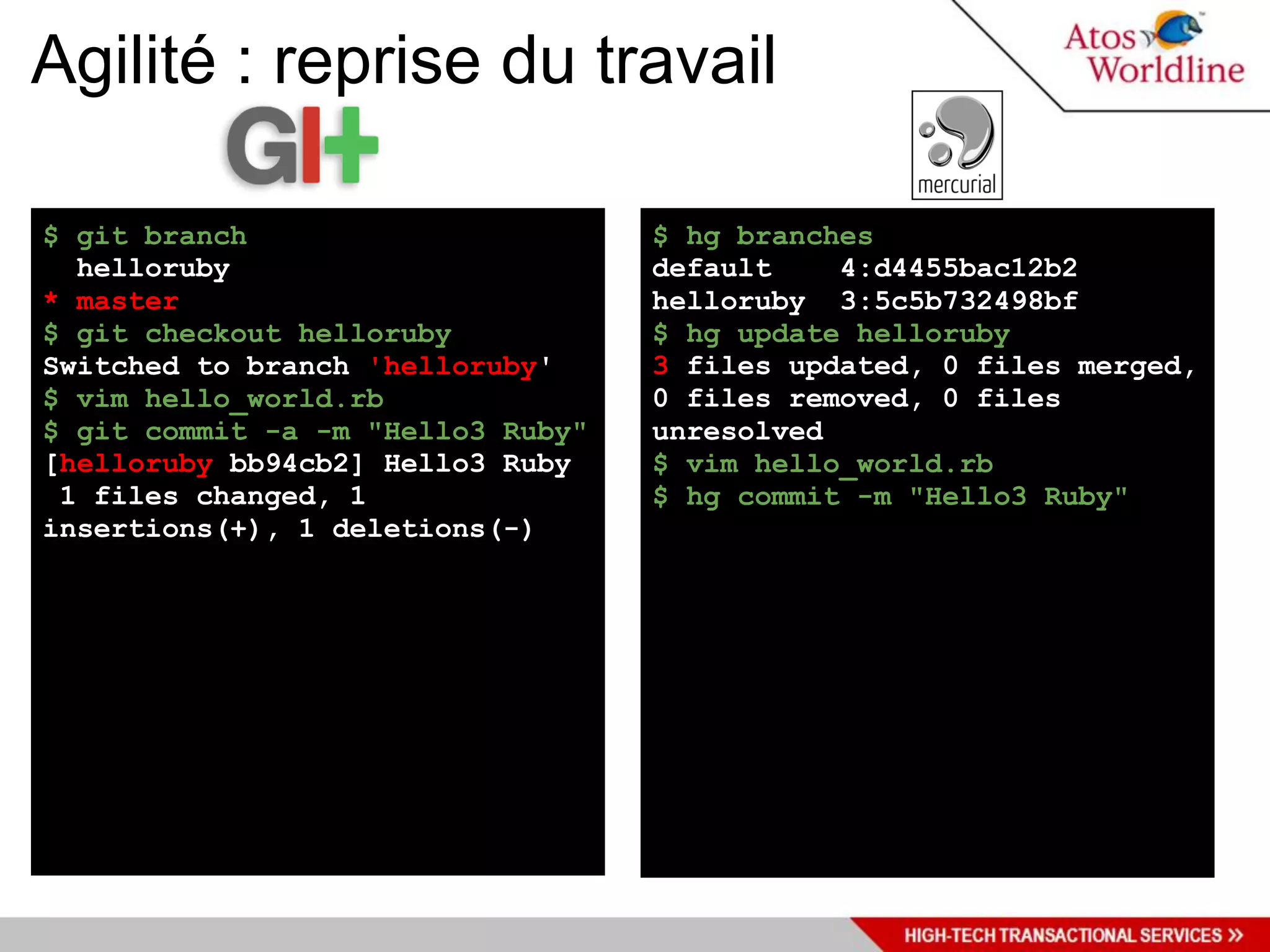 Agilité : reprise du travail

$ git branch                       $ hg branches
  helloruby                        default    4:d4455bac12b2
* master                           helloruby 3:5c5b732498bf
$ git checkout helloruby           $ hg update helloruby
Switched to branch 'helloruby'     3 files updated, 0 files merged,
$ vim hello_world.rb               0 files removed, 0 files
$ git commit -a -m "Hello3 Ruby"   unresolved
[helloruby bb94cb2] Hello3 Ruby    $ vim hello_world.rb
 1 files changed, 1                $ hg commit -m "Hello3 Ruby"
insertions(+), 1 deletions(-)
 
