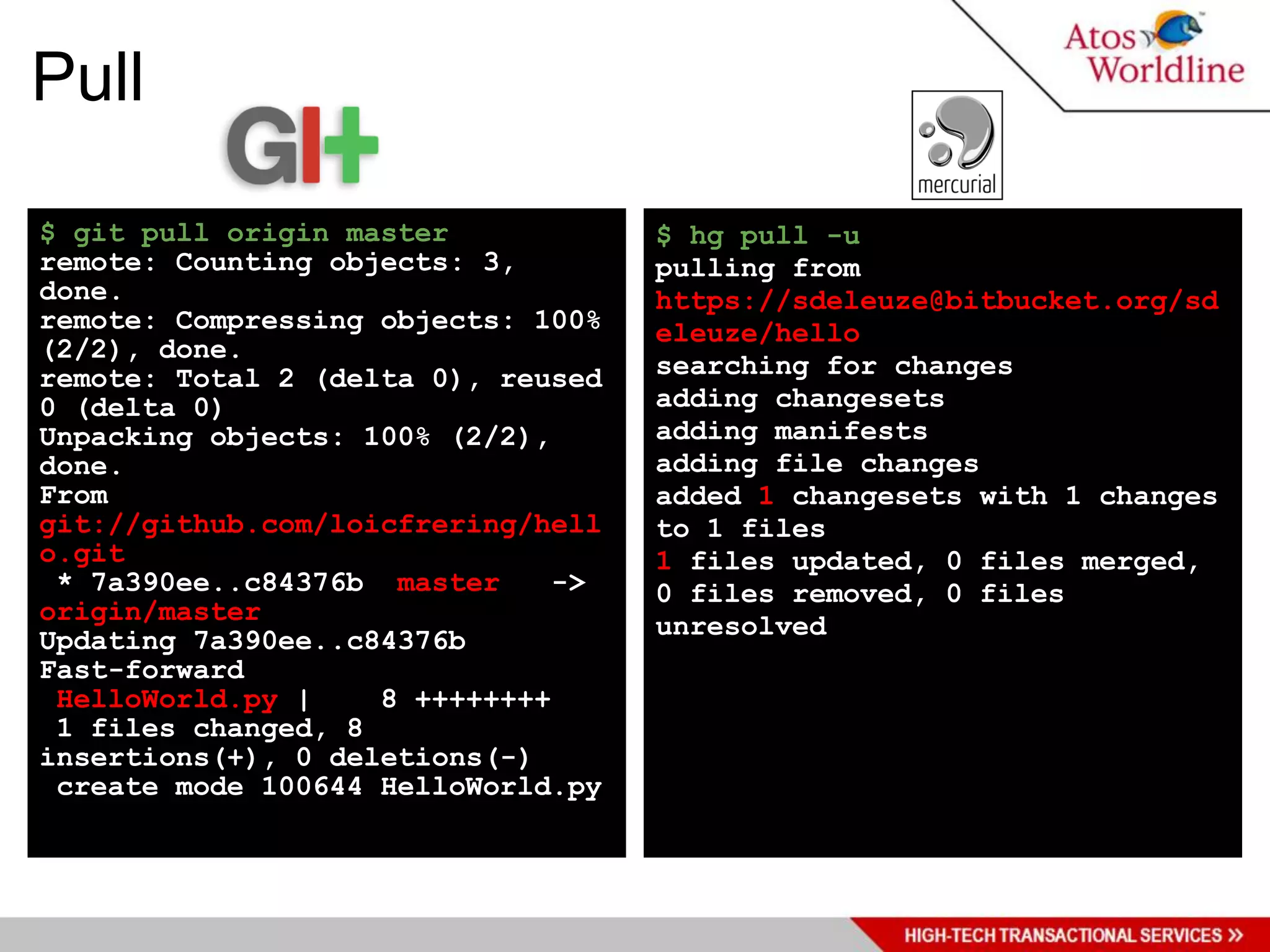 Pull

$ git pull origin master            $ hg pull -u
remote: Counting objects: 3,        pulling from
done.                               https://sdeleuze@bitbucket.org/sd
remote: Compressing objects: 100%   eleuze/hello
(2/2), done.
remote: Total 2 (delta 0), reused   searching for changes
0 (delta 0)                         adding changesets
Unpacking objects: 100% (2/2),      adding manifests
done.                               adding file changes
From                                added 1 changesets with 1 changes
git://github.com/loicfrering/hell   to 1 files
o.git                               1 files updated, 0 files merged,
 * 7a390ee..c84376b master     ->   0 files removed, 0 files
origin/master
                                    unresolved
Updating 7a390ee..c84376b
Fast-forward
 HelloWorld.py |    8 ++++++++
 1 files changed, 8
insertions(+), 0 deletions(-)
 create mode 100644 HelloWorld.py
 
