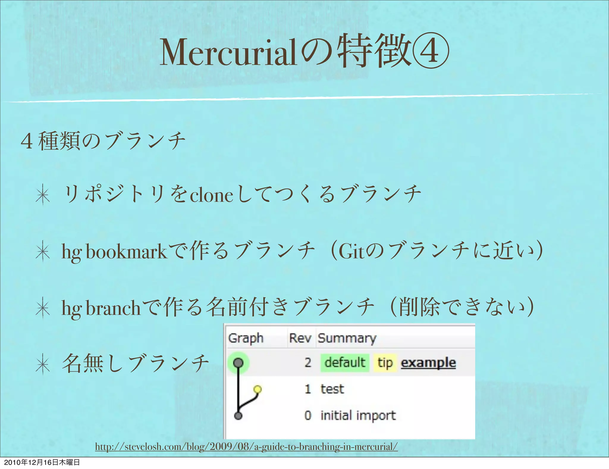 Mercurial


                                         clone

                 hg bookmark                                              Git

                 hg branch




                    http://stevelosh.com/blog/2009/08/a-guide-to-branching-in-mercurial/
2010   12   16
 