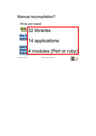 Manual recompilation?
     Rinse and repeat
     Git
     Git               =
                      32 libraries
   Gcc 3....