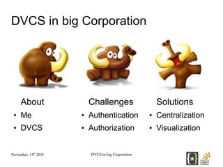 DVCS in big Corporation




     About                Challenges                    Solutions
 ●   Me               ●   Au...