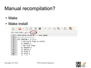 Manual recompilation?
 ●   Make
 ●   Make install




November, 14th 2011   DVCS in big Corporation
 