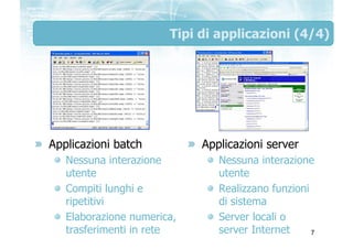 Tipi di applicazioni (4/4)




Applicazioni batch          Applicazioni server
   Nessuna interazione         Nessuna inte...