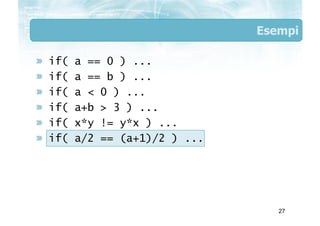 Esempi

if(   a == 0 ) ...
if(   a == b ) ...
if(   a < 0 ) ...
if(   a+b > 3 ) ...
if(   x*y != y*x ) ...
if(   a/2 == (a...