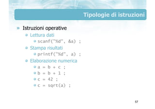 Tipologie di istruzioni

Istruzioni operative
   Lettura dati
      scanf("%d", &a) ;
   Stampa risultati
      printf("%d...