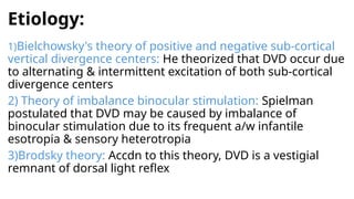 Etiology:
1)Bielchowsky's theory of positive and negative sub-cortical
vertical divergence centers: He theorized that DVD occur due
to alternating & intermittent excitation of both sub-cortical
divergence centers
2) Theory of imbalance binocular stimulation: Spielman
postulated that DVD may be caused by imbalance of
binocular stimulation due to its frequent a/w infantile
esotropia & sensory heterotropia
3)Brodsky theory: Accdn to this theory, DVD is a vestigial
remnant of dorsal light reflex
 