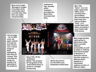 Institutional logo, denotes which institution  promotes the, Spice Girls. Connotes their fame. Back cover image :Montage of images of the Spice Girls individually taken connotes they have their own styles and personality . Main Title . “Spice”, is in red large capital bold letters which connotes their personalities . Also connotes that their lively and wild as singers.  “Girls”, is in smaller black bold letters connoting a more simple side of the group.  List of songs :  As it’s DVD cover, yet again, selected songs has been chosen near a recent image of them highlighting their back as a group. This connotes the songs are popular and appealing to the audience. Main image denotes a girls group in glamorous outfits which connotes different personalities as well as styles in clothing. Each band member is dressed in a particular manner and their posture is different which appeals to a mainstream audience as their of different styles.  Spine Title: Of the publishersBinder. The purpose Of recognition of the artist (Celine Dion) in words in a straight forward way.Shows the licence For the DVD cover. Emphasise artists fame.