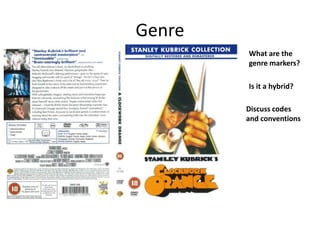 Genre
What are the
genre markers?
Is it a hybrid?
Discuss codes
and conventions
 