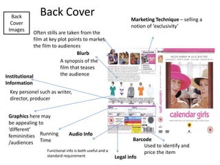 Back
Cover
Images
Blurb
Audio Info
Barcode
Running
Time
Back Cover
A synopsis of the
film that teases
the audienceInstitutional
Information
Key personel such as writer,
director, producer
Often stills are taken from the
film at key plot points to market
the film to audiences
Marketing Technique – selling a
notion of ‘exclusivity’
Graphics here may
be appealing to
‘different’
femininities
/audiences
Legal info
Used to identify and
price the itemFunctional info is both useful and a
standard requirement
 