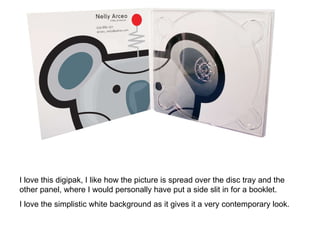 I love this digipak, I like how the picture is spread over the disc tray and the other panel, where I would personally have put a side slit in for a booklet.  I love the simplistic white background as it gives it a very contemporary look.  