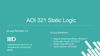 AOI 321 Static Logic
Group Members :
• Najeeb Mohammad Khan- MT23217
• Farha Naz Ansari- MT23212
• Srasti Tiwari-MT23197
• Varun Gautam- MT23202
Group Number:11
 