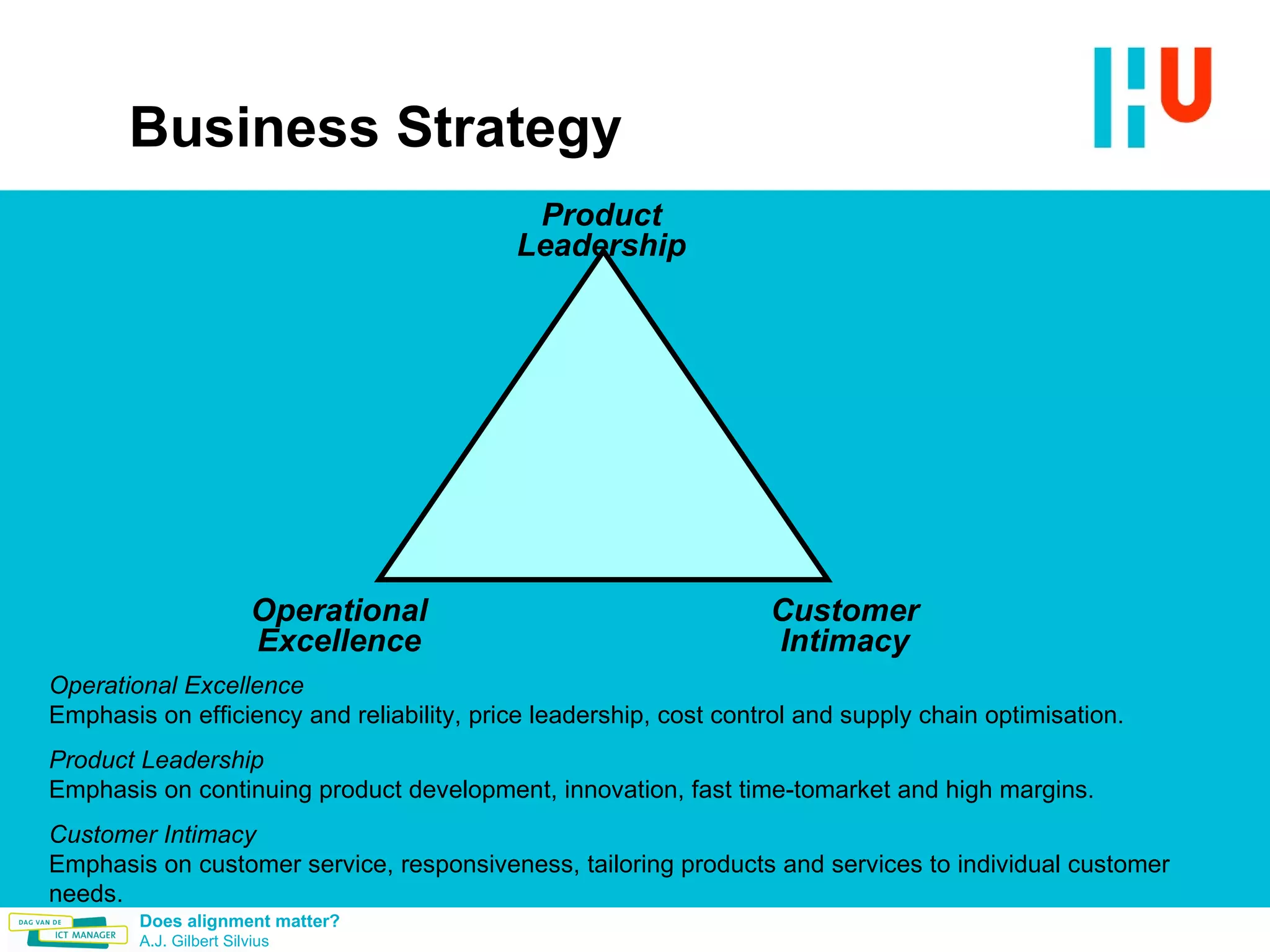 Business Strategy Operational Excellence Product Leadership Customer Intimacy Operational Excellence Emphasis on efficiency and reliability, price leadership, cost control and supply chain optimisation. Product Leadership Emphasis on continuing product development, innovation, fast time-tomarket and high margins. Customer Intimacy Emphasis on customer service, responsiveness, tailoring products and services to individual customer needs. 