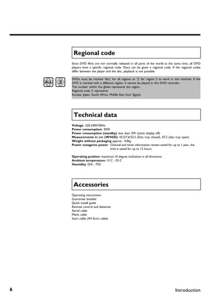 Regional code
    Since DVD films are not normally released in all parts of the world at the same time, all DVD
    players have a specific regional code. Discs can be given a regional code. If the regional codes
    differ between the player and the disc, playback is not possible.

    DVDs must be marked 'ALL' for all regions or '2' for region 2 to work in this machine. If the
    DVD is marked with a different region, it cannot be played in this DVD recorder.
    The number within the globe represents the region.
    Regional code 2 represents:
    Europe, Japan, South Africa, Middle East (incl. Egypt).




     Technical data
    Voltage: 220-240V/50Hz
    Power consumption: 30W
    Power consumption (standby): less than 3W (clock display off)
    Measurements in cm (W/H/D): 43.5/7.6/33.5 (Disc tray closed), 47.2 (disc tray open)
    Weight without packaging approx.: 4.0kg
    Power outage/no power: Channel and timer information remain saved for up to 1 year, the
                           time is saved for up to 12 hours.

    Operating position: maximum 10 degree inclination in all directions
    Ambient temperature: 15 C - 35 C
    Humidity: 25% - 75%




     Accessories
    Operating instructions
    Guarantee booklet
    Quick install guide
    Remote control and batteries
    Aerial cable
    Mains cable
    Scart cable (AV-Euro cable)




6                                                                                Introduction
 