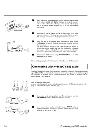4        Insert one end of the supplied audio (Cinch) cable into the red/white
               Cinch socket AUDIO L/R OUT at the back of the DVD recorder
               and the other end into the audio input socket (usually red/white) on
               the TV set (usually labelled 'Audio in' or 'AV in'. See TV operating
               instructions).



      5        Switch on the TV set. Switch the TV set over to the SVHS input
               socket or select the relevant programme number. Please see your
               TV's operating instructions for the programme number you need.


      6        Insert one end of the supplied mains cable into the mains socket
                4MAINS at the back of the DVD recorder and the other end into
               the wall socket.
               The most important features of the DVD recorder will appear in
               scrolling text on the display. After the first installation is completed
               this function will be switched off. How you switch on this function
               again, read in the chapter 'User preferences' in the section 'standby'.

      7        Switch on the DVD recorder using STANDBY-ON m . IS TV ON?'
               will appear on the display.


     Then, read the paragraph on 'Initial installation' in 'Installing your DVD recorder'.



      Connecting with video(CVBS) cable
     This cable, usually with yellow Cinch connectors, is used for transmitting the Composite Video
     signal (FBAS, CVBS). In this method of transmission the colour signal and the brightness signal
     are transmitted on the same cable. In certain circumstances, this can lead to problems with the
     picture, such as 'Moiré' patterns.



     Have the following cables ready:
     an aerial cable (1, supplied), a mains cable (2, supplied), a video (CVBS)cable (3, supplied, yellow
     plug), an audio cable (4, supplied, red/white plug).




      1        Remove the aerial cable plug from your TV set. Insert it into the
               ANTENNA IN socket at the back of the DVD recorder.




      2        Insert one end of the supplied aerial cable into the TV OUT socket at
               the back of the DVD recorder and the other end into the aerial input
               socket at the back of the TV set.




16                                                        Connecting the DVD recorder
 