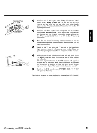 3        Insert one end of the supplied video (CVBS) cable into the yellow
                                        Cinch socket VIDEO (CVBS) OUT at the back of the DVD
                                        recorder and the other end into the video input socket (usually
                                        yellow) on the TV set (usually labelled 'Video in' or 'AV in'. See TV
                                        operating instructions).

                               4        Insert one end of the supplied audio (Cinch) cable into the red/white
                                        Cinch socket AUDIO L/R OUT at the back of the DVD recorder




                                                                                                                           ENGLISH
                                        and the other end into the audio input socket (usually red/white) on
                                        the TV set (usually labelled 'Audio in' or 'AV in'. See TV operating
                                        instructions).

                               5        Read the next chapter 'Connecting additional devices' on how to
                                        connect additional devices (satellite receivers, videorecorders,...) to the
                                        input-/output sockets.

                               6        Switch on the TV set. Switch the TV set over to the Video/Audio
                                        input socket or select the relevant programme number. Please see
                                        your TV's operating instructions for the programme number you need.


                               7        Insert one end of the supplied mains cable into the mains socket
                                         4MAINS at the back of the DVD recorder and the other end into
                                        the wall socket.
                                        The most important features of the DVD recorder will appear in
                                        scrolling text on the display. After the first installation is completed
                                        this function will be switched off. How you switch on this function
                                        again, read in the chapter 'User preferences' in the section 'standby'.

                               8        Switch on the DVD recorder using STANDBY-ON m . 'IS TV ON?'
                                        will appear on the display.


                              Then, read the paragraph on 'Initial installation' in 'Installing your DVD recorder'.




Connecting the DVD recorder                                                                                           17
 