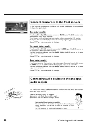 Connect camcorder to the front sockets
     To copy camcorder recordings, you can use the front sockets. These sockets are located behind
     the flap on the right hand side.


     Best picture quality
     If you have a DV or Digital 8 camcorder, connect the DV IN input of the DVD recorder to the
     appropriate DV output on the camcorder.
     When films are transferred the original recording date and time are stored as DVD subtitles.
     On playback, this data can be displayed on the TV screen by using the 'E' function (Subtitle).
     Choose 'CAM2' as a programme number for this input.


     Very good picture quality
     If you have a Hi8 or S-VHS(C) camcorder, connect the S-VIDEO input of the DVD recorder to
     the appropriate S-VHS output on the camcorder.
     You must also connect the audio input left AUDIO right on the DVD recorder to the audio
     output on the camcorder.
     Choose 'CAM1' as a programme number for this input.


     Good picture quality
     If you have a camcorder that only has a single video output (Composite Video, CVBS), connect
     the VIDEO input on the DVD recorder to the appropriate output on the camcorder.
     You must also connect the audio input left AUDIO right on the DVD recorder to the audio
     output on the camcorder.
     Choose 'CAM1' as a programme number for this input.




      Connecting audio devices to the analogue
      audio sockets

     Two audio output sockets AUDIO L/R OUT are located on the back of the DVD recorder
     (audio signal output left/right)

     These can be used to connect the following:
     •) a receiver with Dolby Surround Pro Logic
     •) a receiver with two channel analogue stereo


               Can I use the 'Phono' input on my amplifier?
               This socket (input) on the amplifier is designed only for record players
               without preamplifiers. Do not use this input for connecting the DVD
               recorder.
               The DVD recorder or the amplifier may be damaged as a result.              ?




20                                                        Connecting additional devices
 