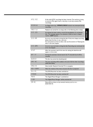NTSC DISC     A disc with NTSC recordings has been inserted. The machine is trying
              to record a PAL signal. Insert a new disc or one that contains PAL
              recordings.

RECORDING     An illegal action (e.g. OPEN/CLOSE J button) was attempted during
              recording.

FREETITLE     Playback was started for an empty title or the following title is empty.




                                                                                         ENGLISH
DISC LOCK     An attempt has been made to record during playback of a protected
              disc. This message appears if an attempt is made to insert a chapter
              marker ( EDIT button).

DISC ERR      An error occurred when writing the title. If this error keeps occurring,
              please clean the disc or use a new one.
              For instructions on how to clean a disc see the section on 'Cleaning the
              discs' in the next chapter.

DISC WARN     An error occurred when writing the title. Recording was continued; the
              error was skipped

SETUP         After the automatic search the menu for setting the date/time will
              appear on the screen.

WAIT 01       During the automatic channel search the TV channels found will be
              counted.

BLOCKED       The disc tray cannot be closed/opened.

SAFE REC      The new recording will be added at the end of all the other recordings
              (SAFE RECORD).

EASYLINK      Data transfer 'EasyLink' from the TV is in progress

POST-FORMAT   After the creation of the menu structure the disc is prepared

PHILIPS       The DVD-Recorder has been switched on

STANDBY       The DVD-Recorder has been switched off

PHOTO         The 'Digital Photo Manager' is switched on

VIDEO         The 'Digital Photo Manager' will be switched off

SAVING        Data will be written on the inserted memory card or on a
              DVD+RW/+R
 
