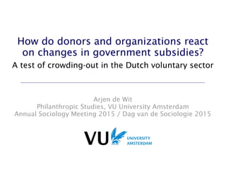 How do donors and organizations react
on changes in government subsidies?
Arjen de Wit
Philanthropic Studies, VU University Amsterdam
Annual Sociology Meeting 2015 / Dag van de Sociologie 2015
A test of crowding-out in the Dutch voluntary sector
 