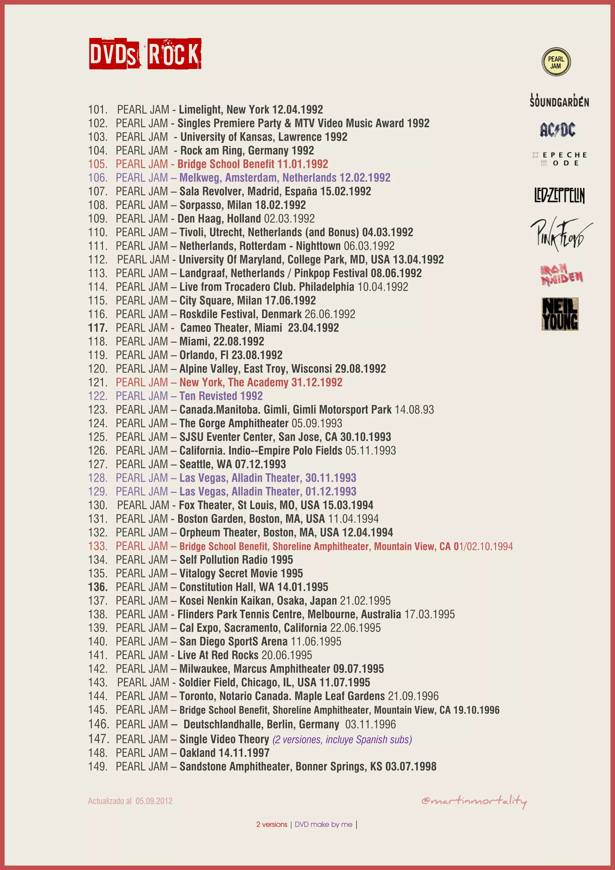 DVDs -bluRays-ROCK
99. PEARL JAM - I-Beam, San Francisco 30.09.1991
100. PEARL JAM - Tower Records 09/14.11.1991
101. PEARL JAM - Limelight, New York 12.04.1992
102. PEARL JAM - Singles Premiere Party & MTV Video Music Award 1992
103. PEARL JAM - University of Kansas, Lawrence 1992
104. PEARL JAM - Rock am Ring, Germany 1992
105. PEARL JAM - Bridge School Benefit 11.01.1992
106. PEARL JAM – Melkweg, Amsterdam, Netherlands 12.02.1992
107. PEARL JAM – Sala Revolver, Madrid, España 15.02.1992
108. PEARL JAM – Sorpasso, Milan 18.02.1992
109. PEARL JAM - Den Haag, Holland 02.03.1992
110. PEARL JAM – Tivoli, Utrecht, Netherlands (and Bonus) 04.03.1992
111. PEARL JAM – Netherlands, Rotterdam - Nighttown 06.03.1992
112. PEARL JAM - University Of Maryland, College Park, MD, USA 13.04.1992
113. PEARL JAM – Landgraaf, Netherlands / Pinkpop Festival 08.06.1992
114. PEARL JAM – Live from Trocadero Club. Philadelphia 10.04.1992
115. PEARL JAM – City Square, Milan 17.06.1992
116. PEARL JAM – Roskdile Festival, Denmark 26.06.1992
117. PEARL JAM - Cameo Theater, Miami 23.04.1992
118. PEARL JAM – Miami, 22.08.1992
119. PEARL JAM – Orlando, Fl 23.08.1992
120. PEARL JAM – Alpine Valley, East Troy, Wisconsi 29.08.1992
121. PEARL JAM – New York, The Academy 31.12.1992
122. PEARL JAM – Ten Revisted 1992
123. PEARL JAM – Canada.Manitoba. Gimli, Gimli Motorsport Park 14.08.93
124. PEARL JAM – The Gorge Amphitheater 05.09.1993
125. PEARL JAM – SJSU Eventer Center, San Jose, CA 30.10.1993
126. PEARL JAM – California. Indio--Empire Polo Fields 05.11.1993
127. PEARL JAM – Seattle, WA 07.12.1993
128. PEARL JAM – Las Vegas, Alladin Theater, 30.11.1993
129. PEARL JAM – Las Vegas, Alladin Theater, 01.12.1993
130. PEARL JAM – Reno, NV 02.12.1993
131. PEARL JAM - Fox Theater, St Louis, MO, USA 15.03.1994
132. PEARL JAM - Boston Garden, Boston, MA, USA 11.04.1994
133. PEARL JAM – Orpheum Theater, Boston, MA, USA 12.04.1994
134. PEARL JAM – Bridge School Benefit, Shoreline Amphitheater, Mountain View, CA 01/02.10.1994
135. PEARL JAM – Self Pollution Radio 1995
136. PEARL JAM – Vitalogy Secret Movie 1995
137. PEARL JAM – Constitution Hall, WA 14.01.1995
138. PEARL JAM – Kosei Nenkin Kaikan, Osaka, Japan 21.02.1995
139. PEARL JAM - Flinders Park Tennis Centre, Melbourne, Australia 17.03.1995
140. PEARL JAM – Cal Expo, Sacramento, California 22.06.1995
141. PEARL JAM – San Diego SportS Arena 11.06.1995
142. PEARL JAM - Live At Red Rocks 20.06.1995
143. PEARL JAM – Milwaukee, Marcus Amphitheater 09.07.1995
144. PEARL JAM - Soldier Field, Chicago, IL, USA 11.07.1995
145. PEARL JAM – Toronto, Notario Canada. Maple Leaf Gardens 21.09.1996
146. PEARL JAM – Bridge School Benefit, Shoreline Amphitheater, Mountain View, CA 19.10.1996
147. PEARL JAM – Deutschlandhalle, Berlin, Germany 03.11.1996
Actualizado al 15.05.2014 2 versions of DVD/BR | DVD/BR made by me | BR version ©martinmortality
 