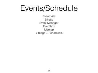 Events/Schedule
Eventbrite
Billetto
Event Manager
Eventbox
Meetup
+ Blogs + Periodicals
21
 