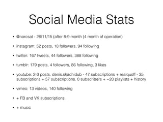 Social Media Stats
? @narcsat - 26/11/15 (after 8-9 month (4 month of operation)
? instagram: 52 posts, 18 followers, 94 following
? twitter: 167 tweets, 44 followers, 388 following
? tumblr: 179 posts, 4 followers, 86 following, 3 likes
? youtube: 2-3 posts, denis.skachidub - 47 subscriptions + realquoff - 35
subscriptions + 57 subscriptions. 0 subscribers + ~20 playlists + history
? vimeo: 13 videos, 140 following
? + FB and VK subscriptions.
? + music
 