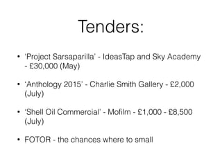 Tenders:
? Project Sarsaparilla - IdeasTap and Sky Academy
- ?30,000 (May)
? Anthology 2015 - Charlie Smith Gallery - ?2,000
(July)
? Shell Oil Commercial - Mo?lm - ?1,000 - ?8,500
(July)
? FOTOR - the chances where to small
 
