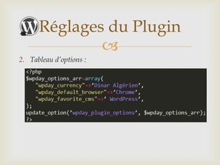 Réglages du Plugin
              
2. Tableau d’options :
 