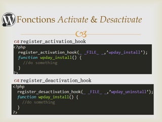 Fonctions Activate & Desactivate
                      
 register_activation_hook




 register_deactivation_hook
 