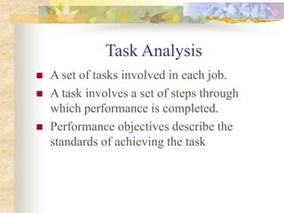 Task Analysis
 A set of tasks involved in each job.
 A task involves a set of steps through
which performance is completed.
 Performance objectives describe the
standards of achieving the task
 
