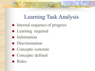 Learning Task Analysis
 Internal sequence of progress
 Learning required
 Information
 Discrimination
 Concepts/ concrete
 Concepts/ defined
 Rules
 