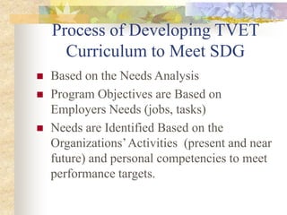 Process of Developing TVET
Curriculum to Meet SDG
 Based on the Needs Analysis
 Program Objectives are Based on
Employers Needs (jobs, tasks)
 Needs are Identified Based on the
Organizations’Activities (present and near
future) and personal competencies to meet
performance targets.
 