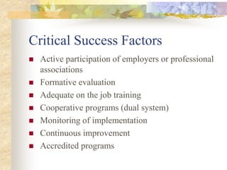 Critical Success Factors
 Active participation of employers or professional
associations
 Formative evaluation
 Adequate on the job training
 Cooperative programs (dual system)
 Monitoring of implementation
 Continuous improvement
 Accredited programs
 