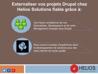 Externaliser vos projets Drupal chez
Helios Solutions fiable grâce à:
Une haute compétence de nos
Spécialistes, Développeurs et de notre
Management d’équipe sous Drupal
Nous avons 5 années d’expérience dans
le développement de solutions pour des
sites internet de haute qualité
 