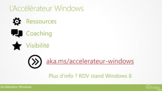 Accélérateur Windows
Ressources
Coaching
Visibilité
aka.ms/accelerateur-windows
Plus d’info ? RDV stand Windows 8
L’Accélérateur Windows
 