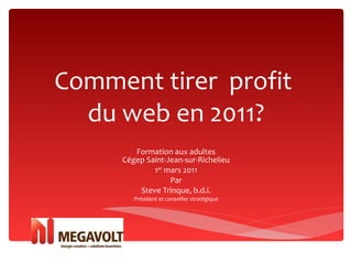 Comment tirer  profit  du web en 2011? Formation aux adultes  Cégep Saint-Jean-sur-Richelieu  1 er  mars 2011 Par Steve Trinque, b.d.i. Président et conseiller stratégique 