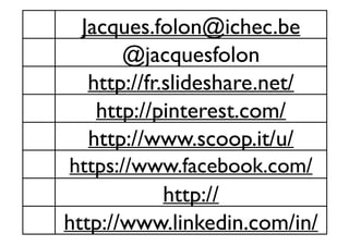 Jacques.folon@ichec.be
@jacquesfolon
http://fr.slideshare.net/
FOLON
http://pinterest.com/
jacquesfolon
http://www.scoop.it/u/
jacques-folon
https://www.facebook.com/
folon.jacques
http://
jacquesfolon.tumblr.com/
http://www.linkedin.com/in/

 