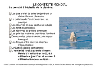 LE CONTEXTE MONDIAL

Le constat à l’échelle de la planète:!

!

Les gaz à effet de serre engendrent un
réchauffement planétaire!
La pollution de l’environnement se
propage!
Les réserves en eau fraiche se réduise!
Les forêt disparaissent !
Les réserves de pétrole diminuent !
Les prix des matières premières ﬂambent!
De nouvelles puissances économiques
émergent!
Les fossés entre pauvres et riches
s’agrandissent!
L’injustice sociale est ﬂagrante!
L’humanité croît à grande vitesse :
Moins d'1 milliard en 1800, 6,5
milliards aujourd'hui et environ 9
milliards d’habitants en 2050 ….
Source: Comment concilier efficacité économique et développement durable, JC Pannekouke & D. Rhases, HBF Training &Groupe Formation

 